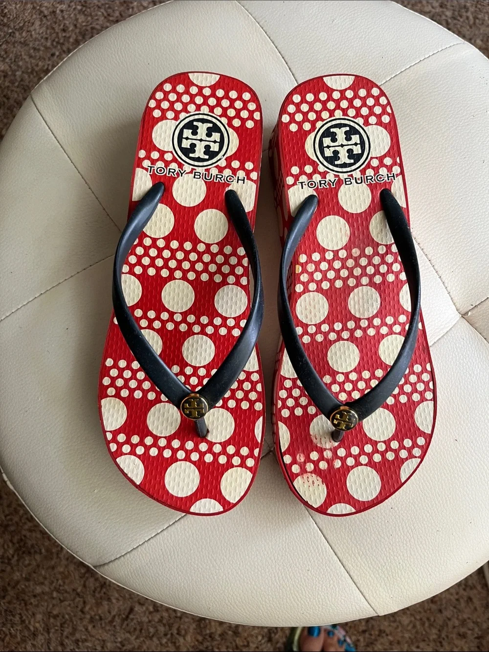 Tory Burch Red & Cream Polka Dot Flip Flop Sandals with Blue straps
